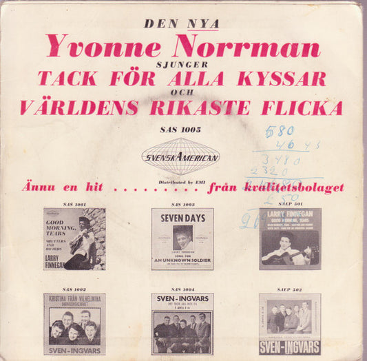 Yvonne Norrman : Tack För Alla Kyssar / Världens Rikaste Flicka (7", Single)