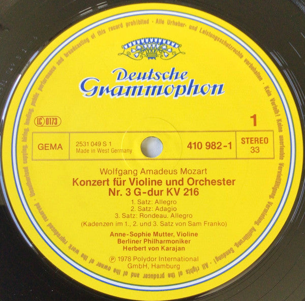 Anne-Sophie Mutter • Herbert von Karajan, Wolfgang Amadeus Mozart, Berliner Philharmoniker : Violinkonzerte = Violin Concertos Nos. 3 & 5 (LP, Album, RE)