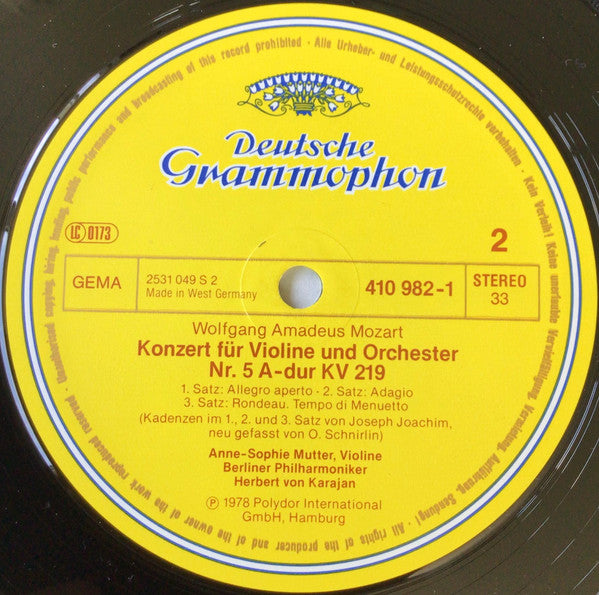 Anne-Sophie Mutter • Herbert von Karajan, Wolfgang Amadeus Mozart, Berliner Philharmoniker : Violinkonzerte = Violin Concertos Nos. 3 & 5 (LP, Album, RE)