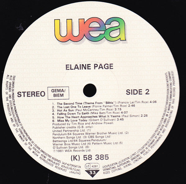 Elaine Paige : Elaine Paige (LP, Album, M/Print)