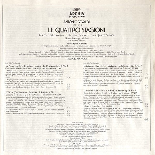 Antonio Vivaldi, The English Concert, Simon Standage • Trevor Pinnock : Le Quattro Stagioni = Die Vier Jahreszeiten = The Four Seasons = Les Quatre Saisons (LP)