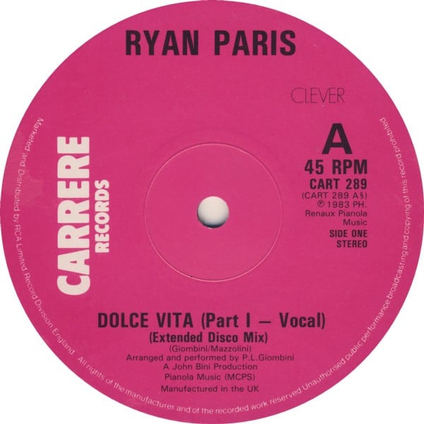 Ryan Paris : Dolce Vita (Extended Disco Mix) (12", Single, EMI)