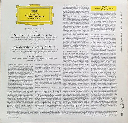 Johannes Brahms, Amadeus-Quartett : Streichquartette C-Moll Und A-Moll Op.51 (LP)