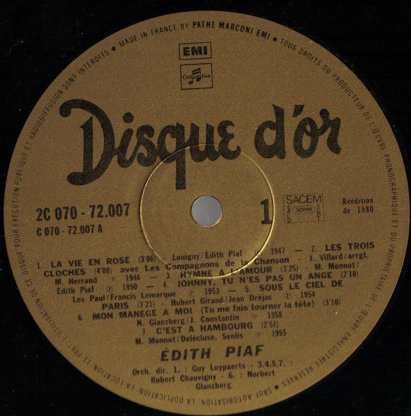 Edith Piaf : Disque D'Or - Vol. 1 (LP, Comp, RE, Gat)