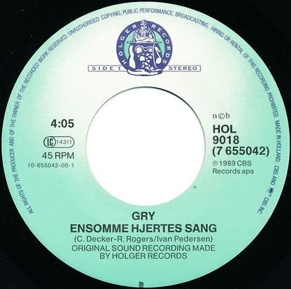 Gry (3) : Ensomme Hjertes Sang (7", Single)