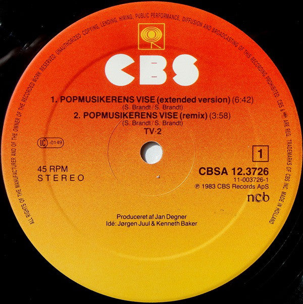 tv●2* : Popmusikerens Vise (Dubmusikerens Clubmix) (12", Maxi)